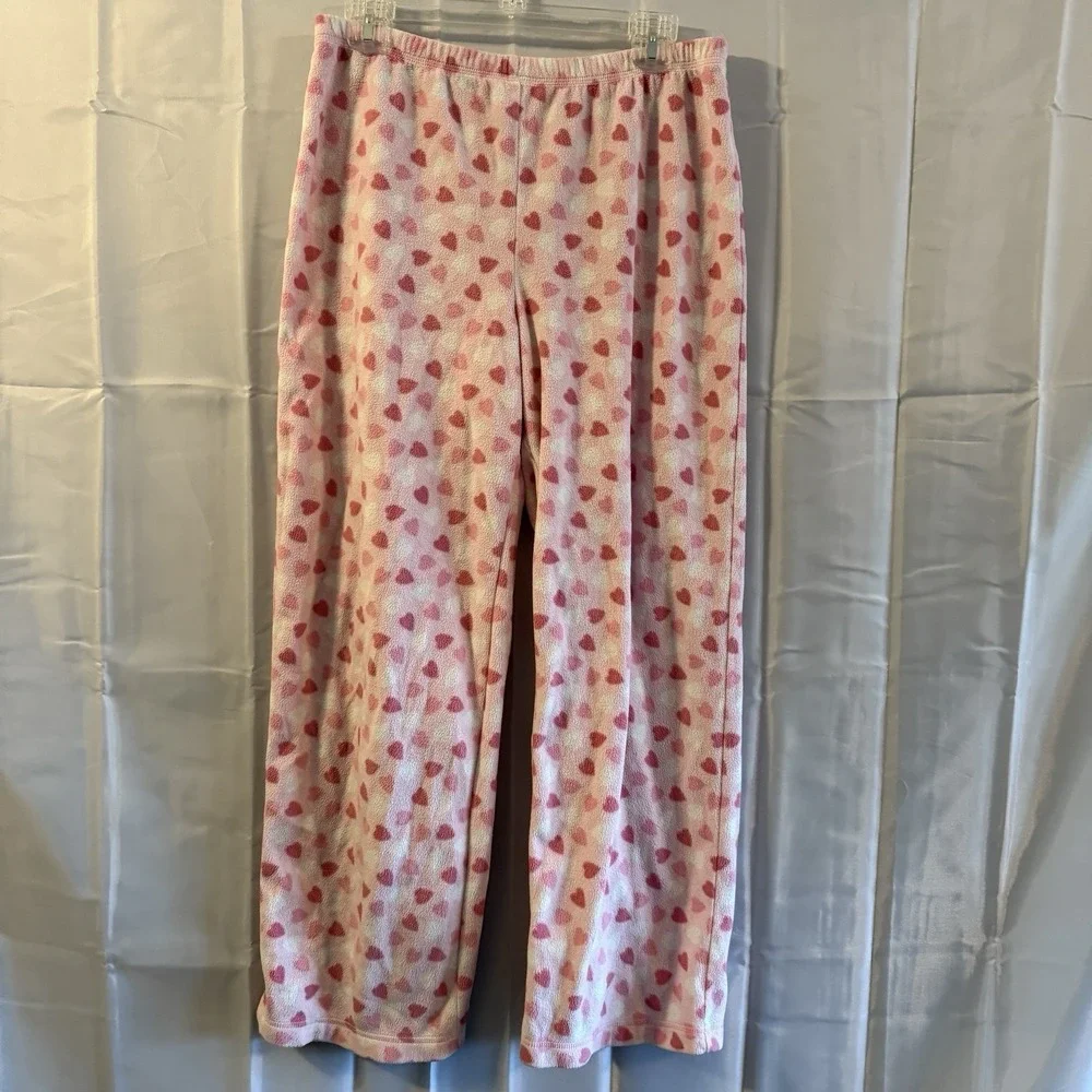 Womens‎ M Pink Pajama Set Hearts Button Up Sleep Shirt Pants Pjs Warm Fleece
